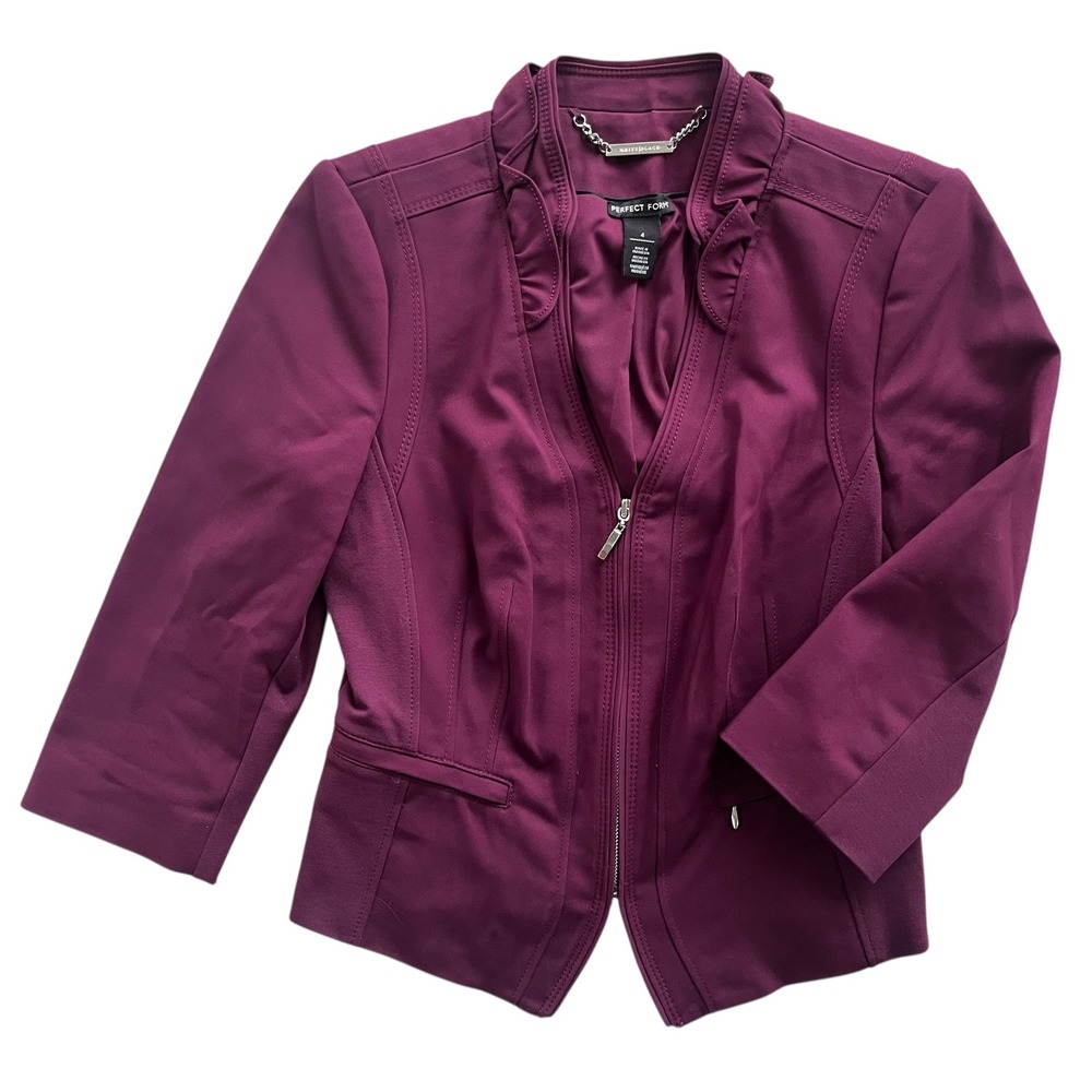 White House Black Market 4 Plum Purple, Ruffle Zipper Perfect Form Blazer Jacket